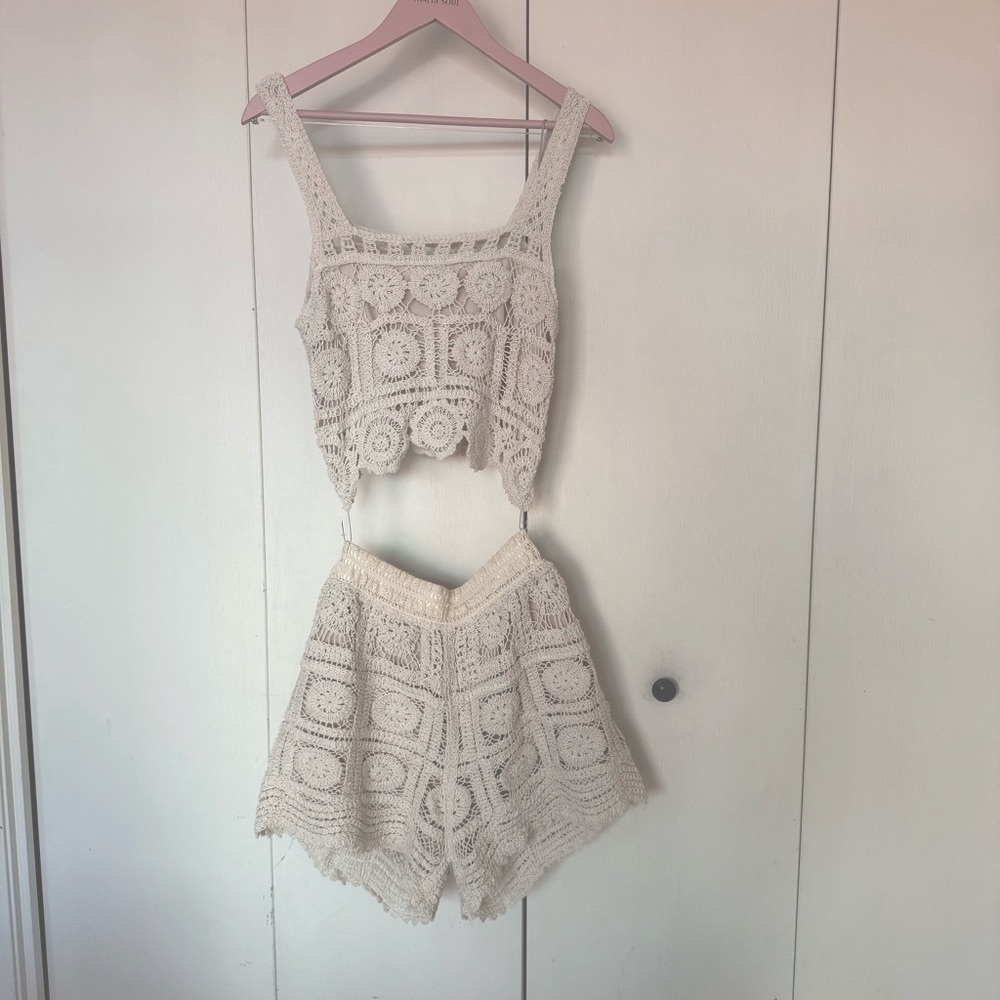 Crochet Tank Top and Shorts Set in Cream